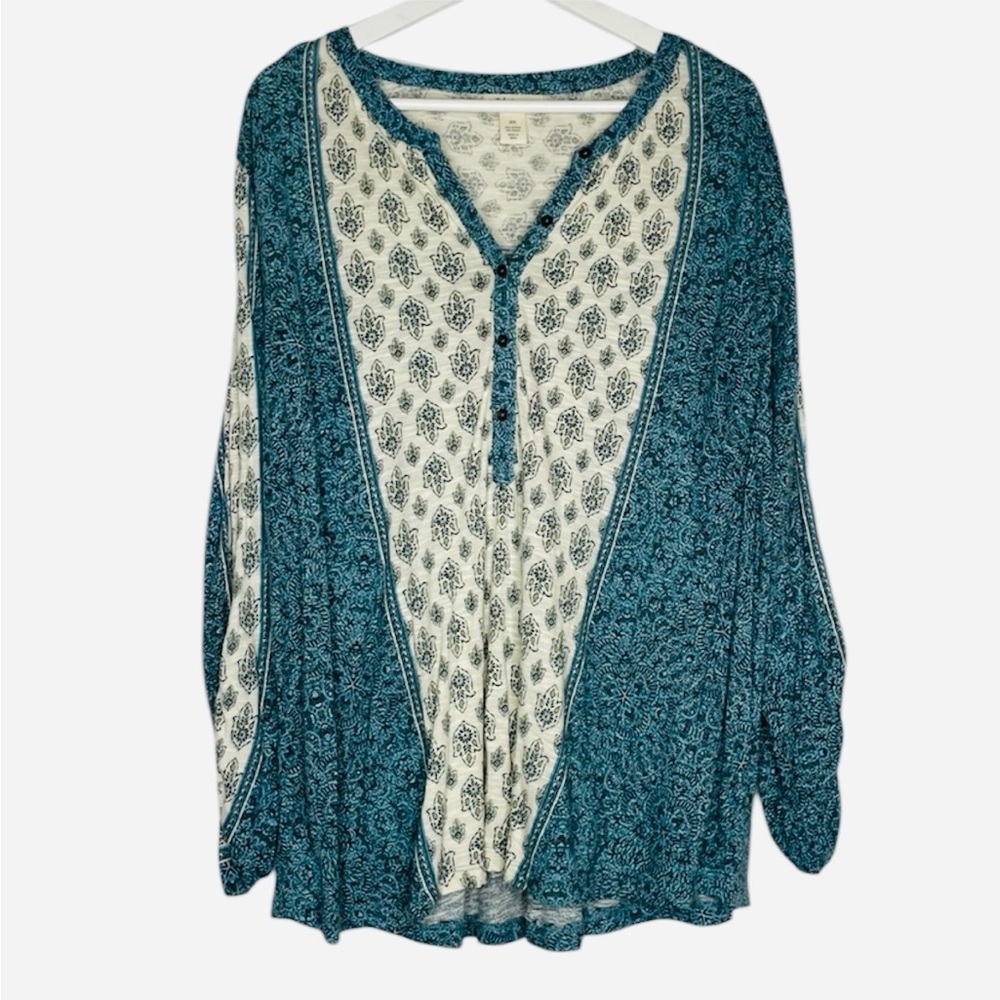 Style & Co. Woman cream & green paisley-print henley blouse long sleeves Size 2X - Picture 2 of 16